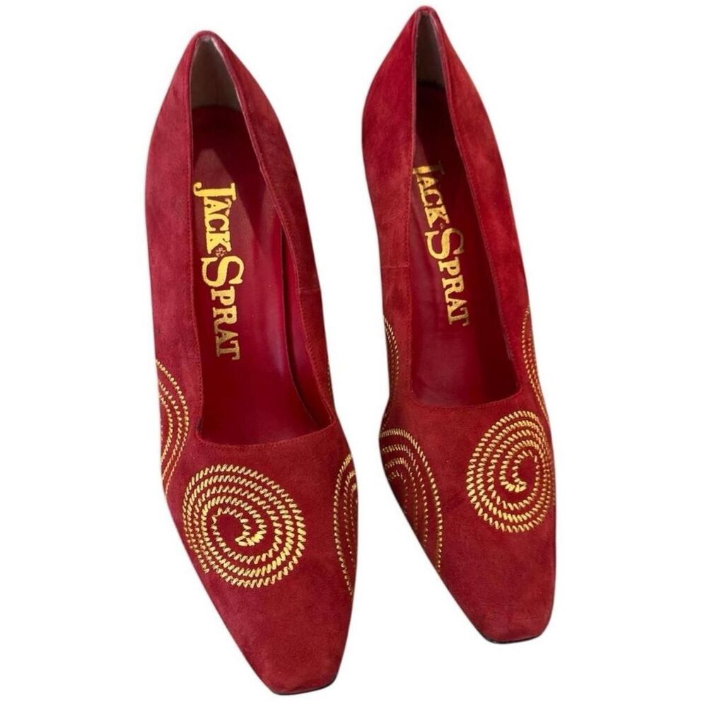 Jack Sprat rare red suede heels gold spiral lasso embroidery Size 11